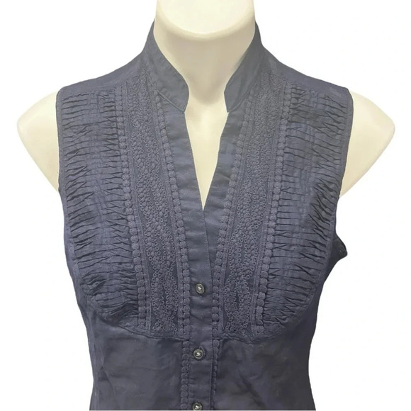 Express Design Studio Cotton Lightweight Sheer Navy Split Neck Button Down Top - Picture 2 of 6